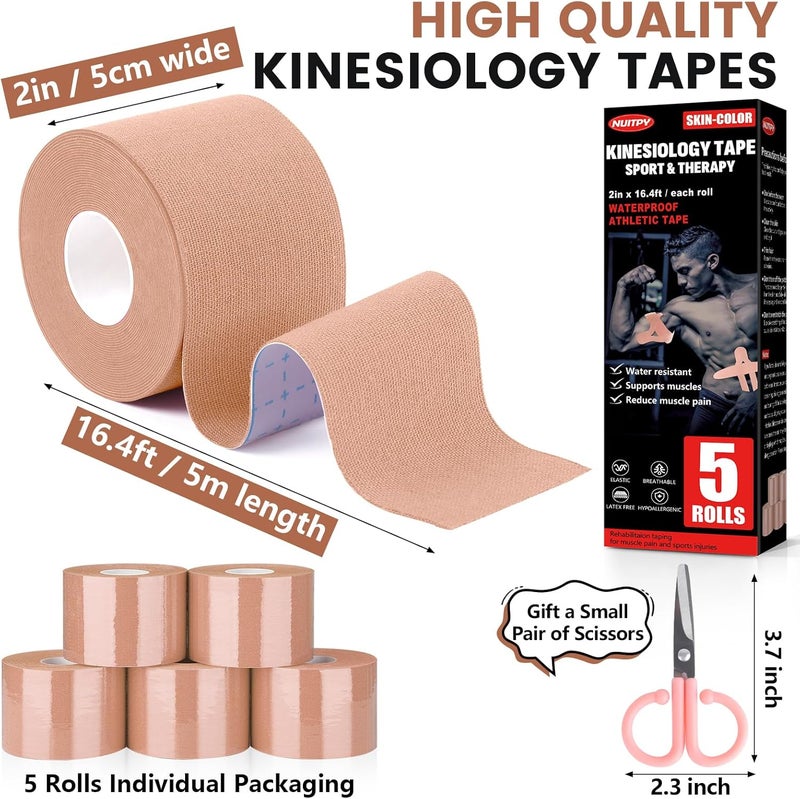 NUITPY 5 Rolls Kinesiology Tape, 2 inch x 16.4 Feet Waterproof Athletic Tape, Uncut Kinetic Tape, Muscle Tape, Sports Tape, Knee Tape for Exercise and Daily Use - Skin Color - Image 2